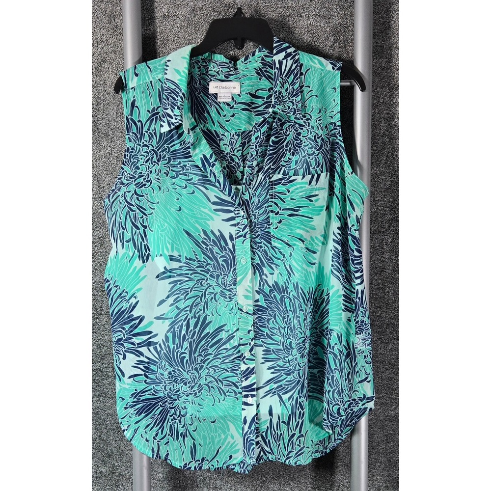 Liz Claiborne Womens Large Teal Floral Sleeveless Button Down Blouse Tank Set